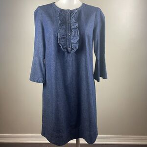 Draper James Chambray Ruffle Shirt Denim Shift Dress 3/4 Sleeve Size 4